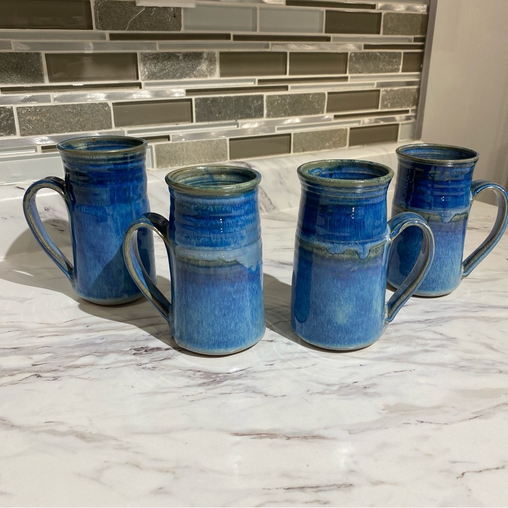 Vintage K.Austin Pottery‎ Mugs set Prince George BC drip glaze bright blues